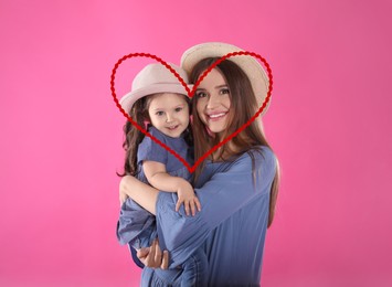 Illustration of red heart and happy mother with little daughter with hats on pink background