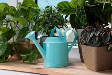 Photo of Different beautiful houseplants and light blue metal watering can on window sill indoors