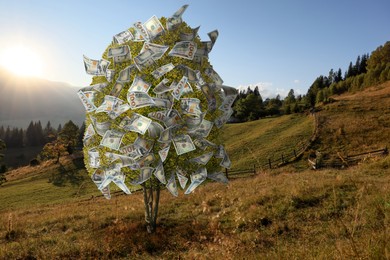 Money tree on pasture in mountains. Concept of financial growth and passive income