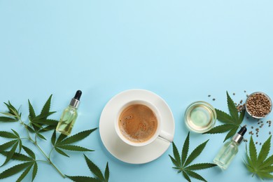 CBD oil, THC tincture, cup of coffee and hemp leaves on light blue background, flat lay. Space for text