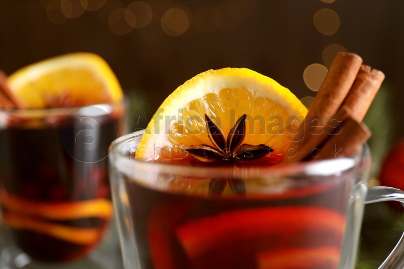 Glass cup with mulled wine, closeup view