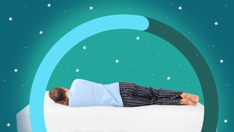 Young man sleeping on mattress against color background, back view. Healthy circadian rhythm and sleep habits