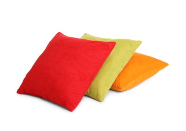 Photo of Different colorful decorative pillows on white background