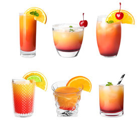 Set of Tequila Sunrise cocktails on white background
