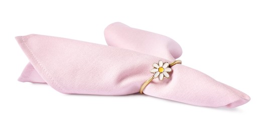 Photo of Pink fabric napkin with decorative ring for table setting on white background