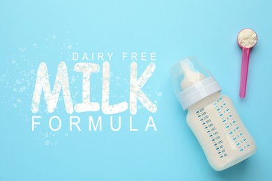 Feeding bottle with dairy free infant formula and powder on light blue background, flat lay. Baby milk  