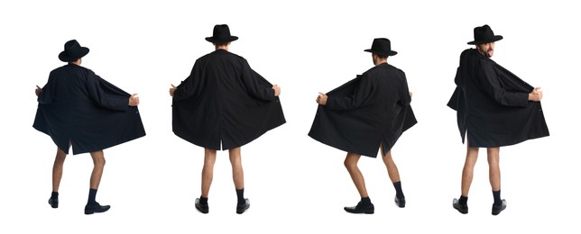 Image of Collage with photos of exhibitionist in coat and hat on white background. Banner design