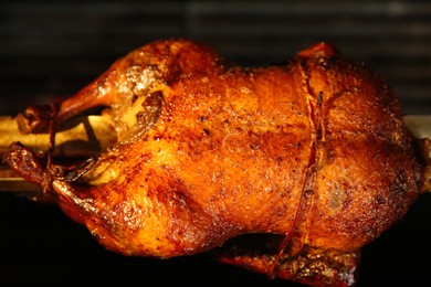 Grilling whole delicious duck in rotisserie machine, closeup