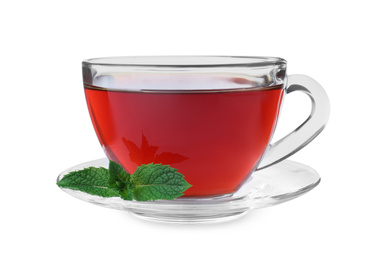 Cup with hot aromatic mint tea isolated on white