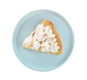 Piece of delicious lemon meringue pie with plate isolated on white, top view