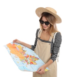 Woman with map on white background. Summer travel