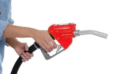Woman with fuel nozzle on white background, closeup. Gas station