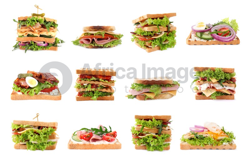 Image of Set of toasted bread with different toppings on white background