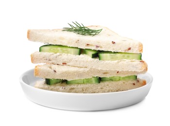 Tasty fresh cucumber sandwiches on white background