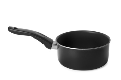 Empty modern black saucepan isolated on white
