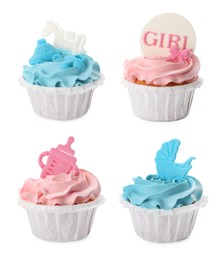 Image of Set of decorated baby shower cupcakes with blue and pink cream on white background