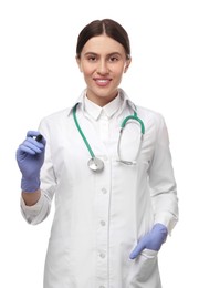 Doctor with stethoscope and marker on white background. Cardiology concept