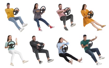 Emotional people with steering wheels on white background, collage