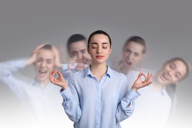Woman with personality disorder on light background, multiple exposure 