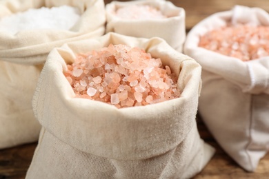 White sack of pink himalayan salt, closeup