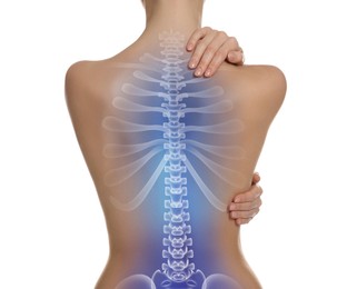 Woman with healthy spine on white background, back view