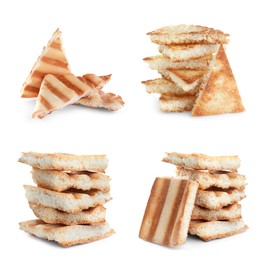 Image of Set with delicious crispy pita chips on white background 