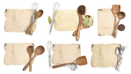 Set with old pages of recipe books and kitchen utensils on white background, top view