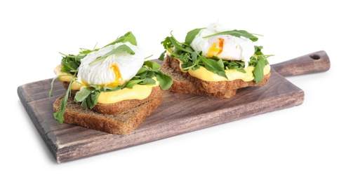 Delicious sandwich with arugula and egg isolated on white