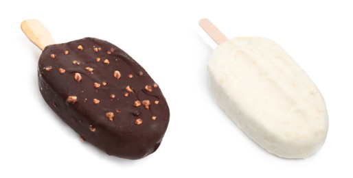 Delicious glazed ice creams on white background, collage. Banner design