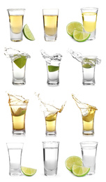 Set of different Mexican Tequila shots on white background. Banner design