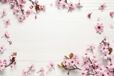 Frame of beautiful spring tree blossoms on white wooden table, flat lay. Space for text