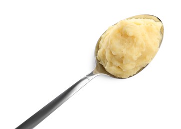 Spoon of tasty mashed potatoes isolated on white, top view