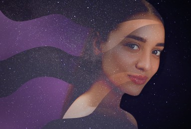 Double exposure of beautiful woman and starry sky. Astrology concept