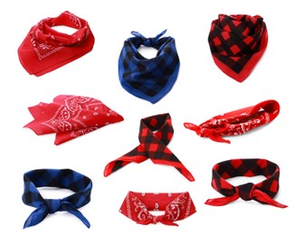 Image of Set with different bandanas on white background 