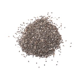 Photo of Pile of chia seeds on white background, top view