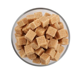 Bowl with cubes of brown sugar isolated on white, top view