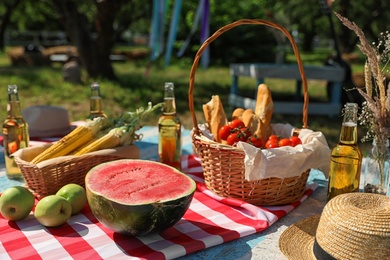Different products for summer picnic served on checkered blanket outdoors