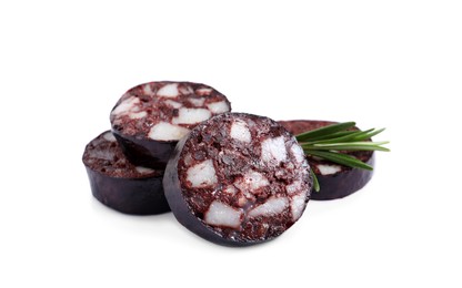 Slices of tasty blood sausage with rosemary on white background