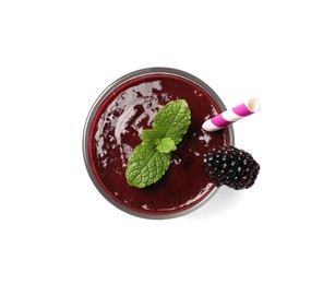 Glass of tasty blackberry smoothie isolated on white, top view