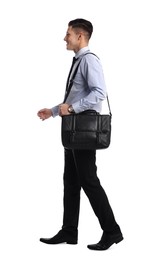 Businessman with stylish leather briefcase on white background