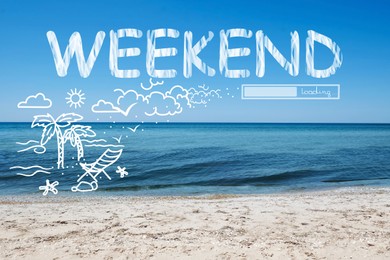 Weekend coming soon. Illustration of progress bar and beautiful view of sandy beach on sunny day
