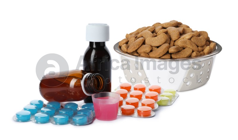 Dry pet food in feeding bowl, syrup and vitamin pills on white background