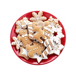 Delicious gingerbread Christmas cookies on white background, top view