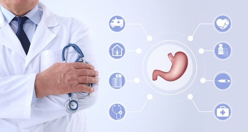 Illustration of stomach and senior doctor with stethoscope on light background, closeup. Banner design
