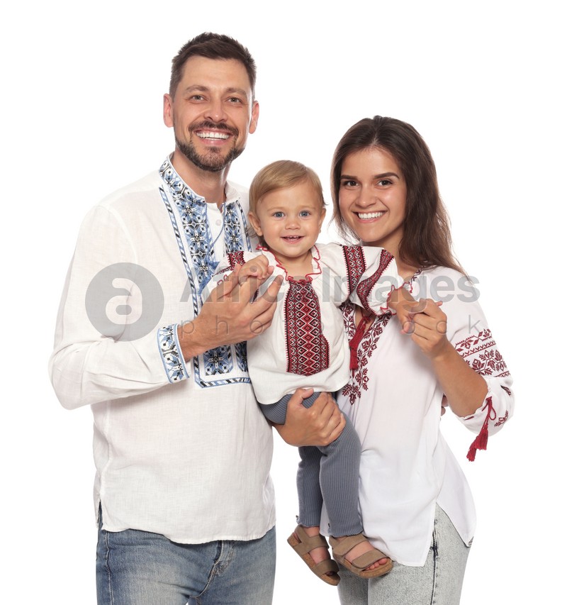 Happy family in Ukrainian national clothes on white background