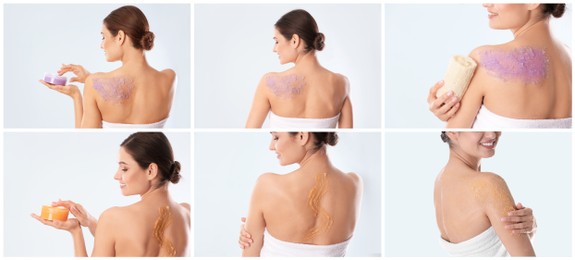 Collage with photos of young woman applying body scrubs on light grey background