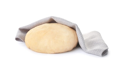 Raw dough under towel on white background
