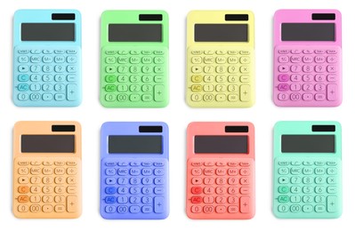 Set with multicolored calculators on white background, top view