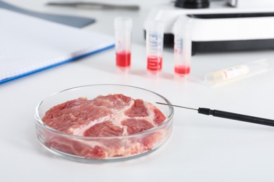 Petri dish with piece of raw cultured meat and dissecting needle on white table in laboratory