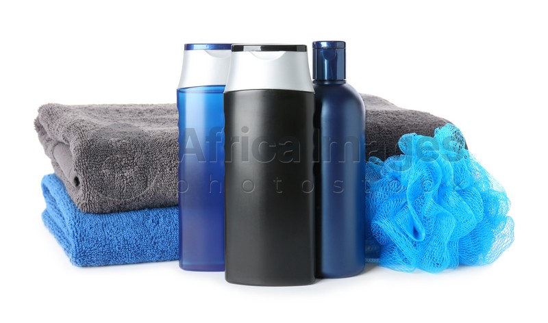 Set with men's personal hygiene products on white background